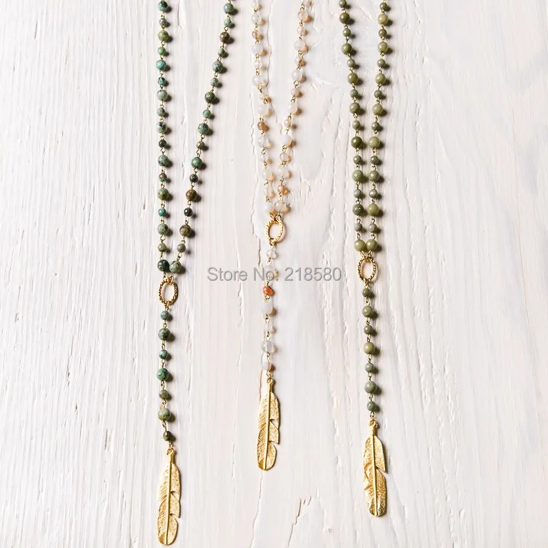 

Beads Rosary Chain Necklace Gold Plate Feather Charm Necklace NM23843