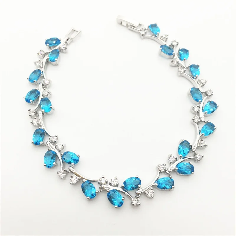 Изысканный браслет из стерлингового серебра в виде листьев дерева, Женские Ювелирные изделия из белого циркония, цвета морской волны, 7 дюймов, 19 см