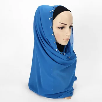 

Women Muslim Stretch Turban Nailed Two-Tone Pearl Chiffon Wrap Bit Casual Solid Color Hijabs New