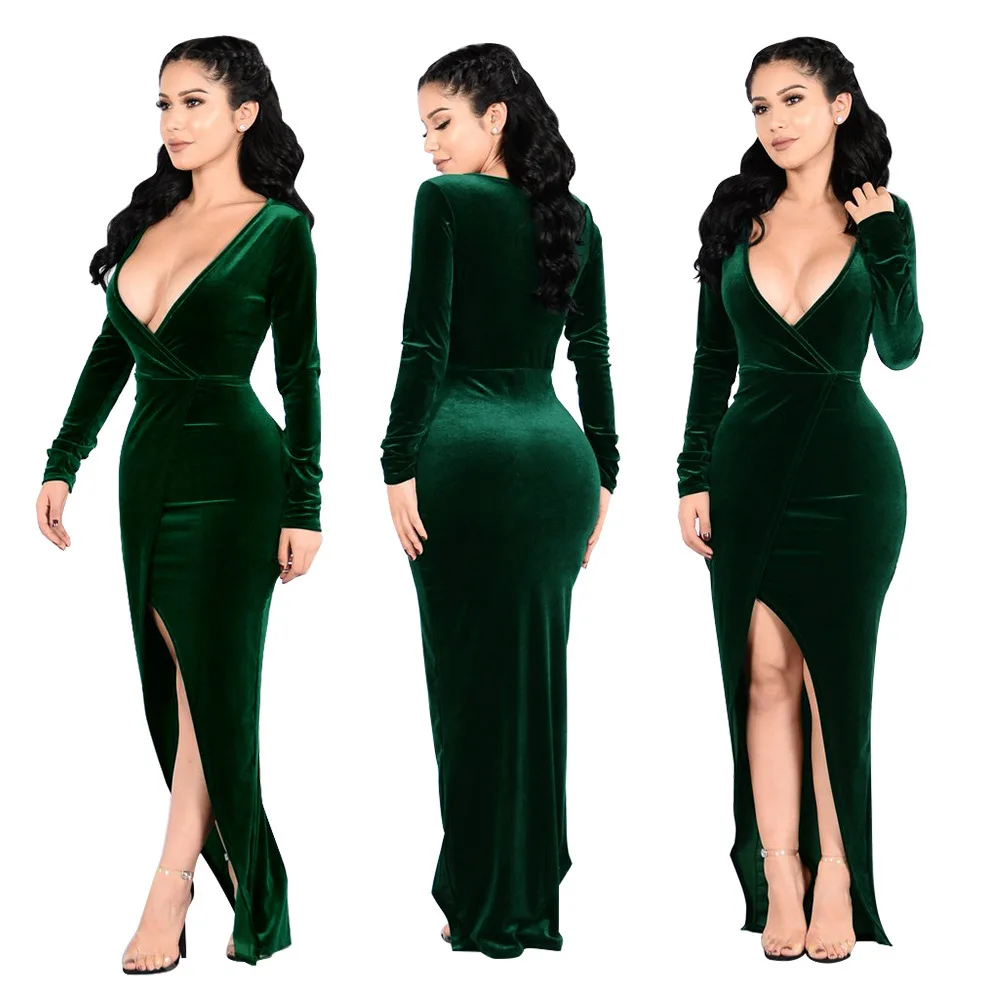 

Women sexy v neck slit asymmetrical velvet long sleeve wrap maxi dress frocks red green burgundy sukienka vetement femme 2019