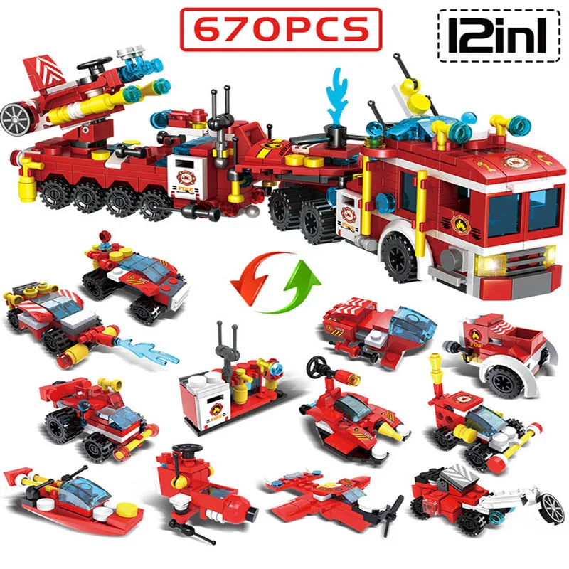 

670pcs 12 In 1 LegoINGlys City Fire Department DIY Model Building Blocks Kit Toys Fire Truck Speedboat Toys for Children Gifts