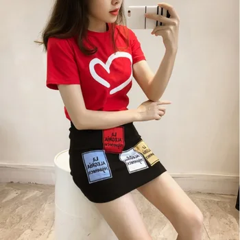 

Two Piece Set Vacation Sets 2018 T-shirt Print Heart Beach women Top And A-Line Red Women Mini +Appliques Summer Skirt