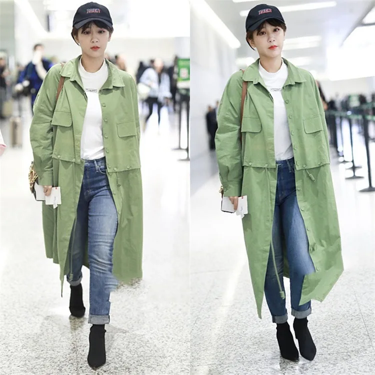 The Same Green Stitching Lapel Two Removable Long Medium Windbreaker Jackets BF Former Women College 2019 Long Coat Woman The Same Green Stitching Lapel Two Removable Long Medium Windbreaker Jackets BF Former Women College 2019 Long Coat Woman