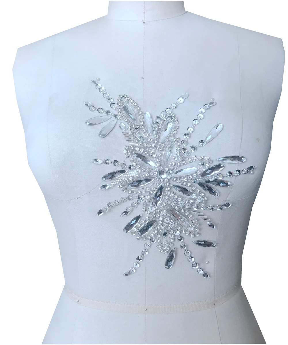 

handmade sew on rhinestones applique silver crystals trim patches 28*16cm for dress DIY accessories