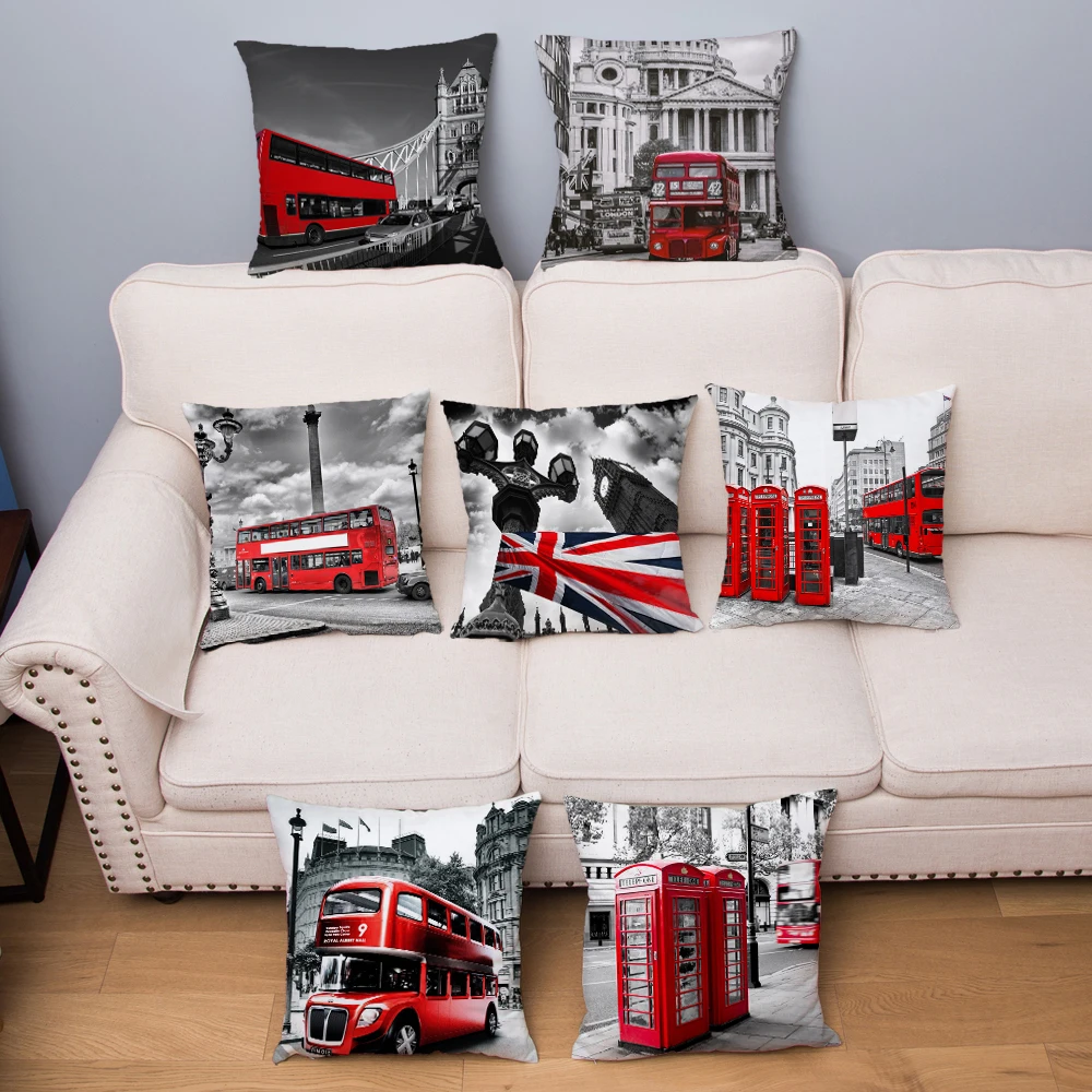 

Super Soft Short Plush Cushion Cover London Red Bus Print Pillow Covers 45*45 Throw Pillows Cases Sofa Home Decor Pillowcase