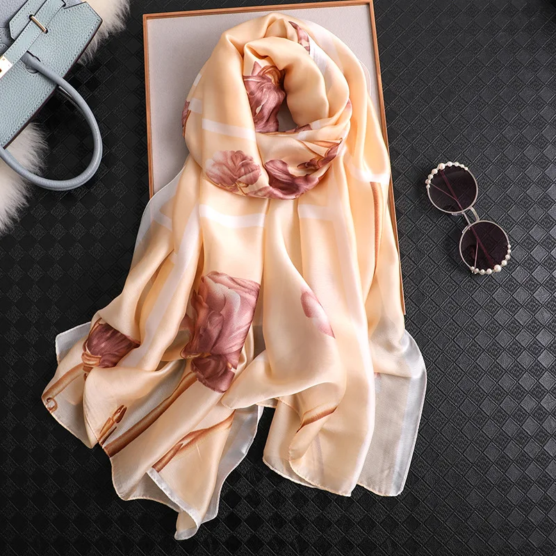 Роскошный брендовый дизайнерский шелковый шарф, женская мода, длинный платок, бандана, высокое качество, тонкие шали и палантины, женские головные платки, хиджаб - Цвет: FS414 beige