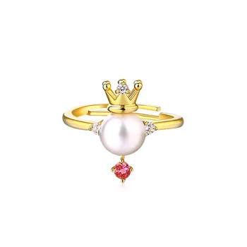 

Natural Freshwater Pearl Crown Ring Creative Pink Gem Smart Design 925 Silver Hand Jewelry Coating Yellow Gold Ring