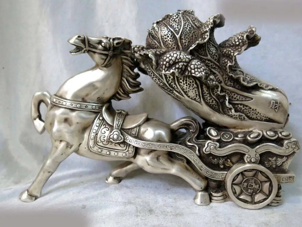 

free shipping 9" China Silver fine workmanship carved money horse Chinese cabbage Statue (D0426)
