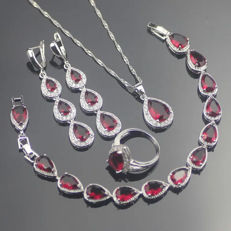 

2018 Red Zircon 925 Sterling Silver Jewelry Sets Bridal Women Earrings With Stones Rings Pendants&Necklaces Bracelets Gift Box