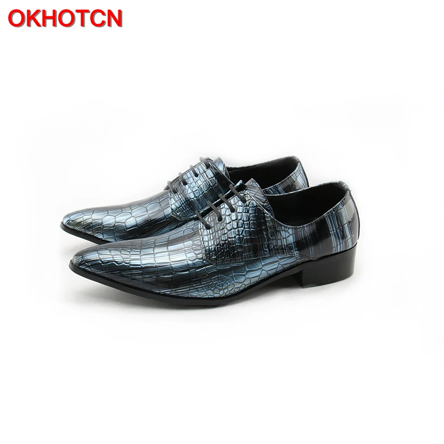 OKHOTCN Shiny Blue Genuine Leather Men Oxford Shoes Lace Up Casual