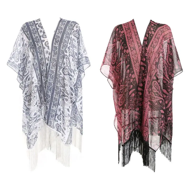 

Women Dark Color Half Sleeves Bikini Cover Up Country Style Paisley Floral Jacquard Kimono Cardigan Semi-Sheer Long Tassels Trim