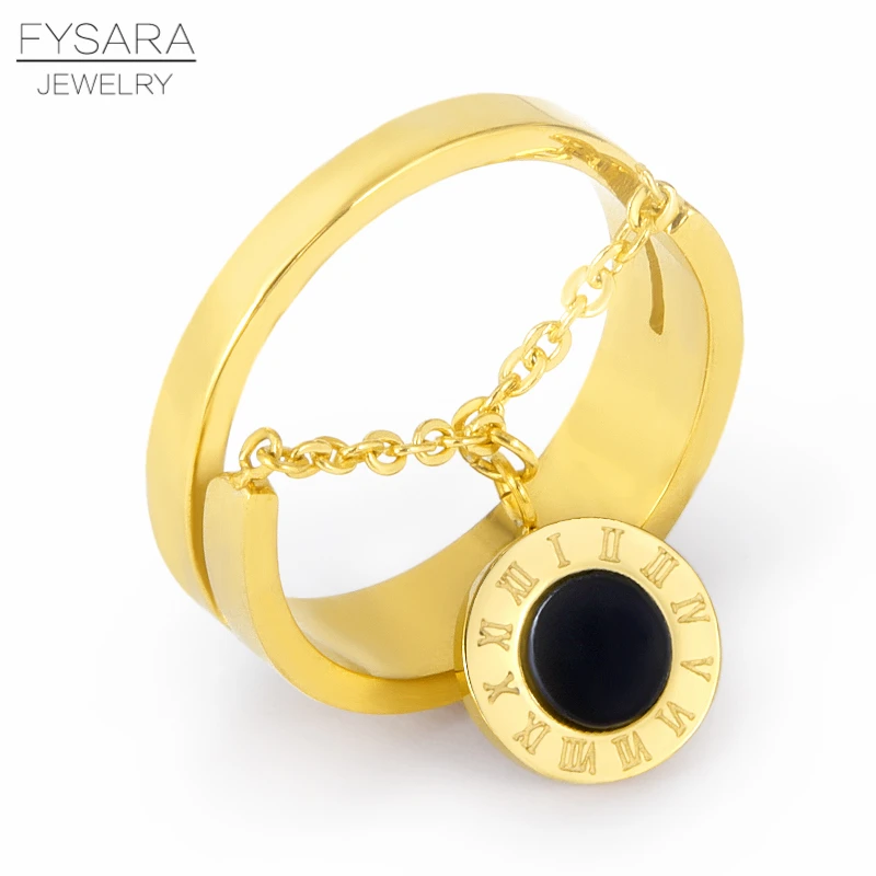 

FYSARA Luxury Brand White Shell Black Round Tag Chain Finger Ring Stainless Steel Roman Numerals Gold Ring For Women Accessories