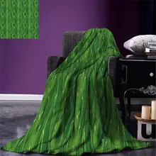 Зеленое одеяло в стиле ретро, Весенняя свежесть, тематический абстрактный дизайн листьев, вертикальные волнистые веточки, теплая микрофибра