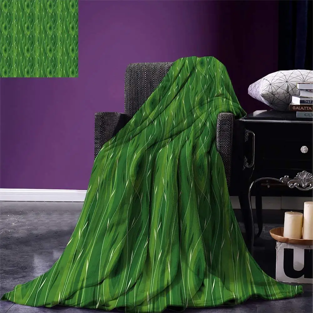 

Green Throw Blanket Retro Spring Freshness Themed Abstract Leaf Design Vertical Wavy Twigs Warm Microfiber