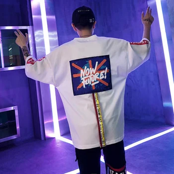 

Male Graphic Cool t Shirts Men Ribbon Loose Oversize t Shirt Men Hip Hop Patchwork Streetwear Harajuku Tshirt Homme Rock T6043