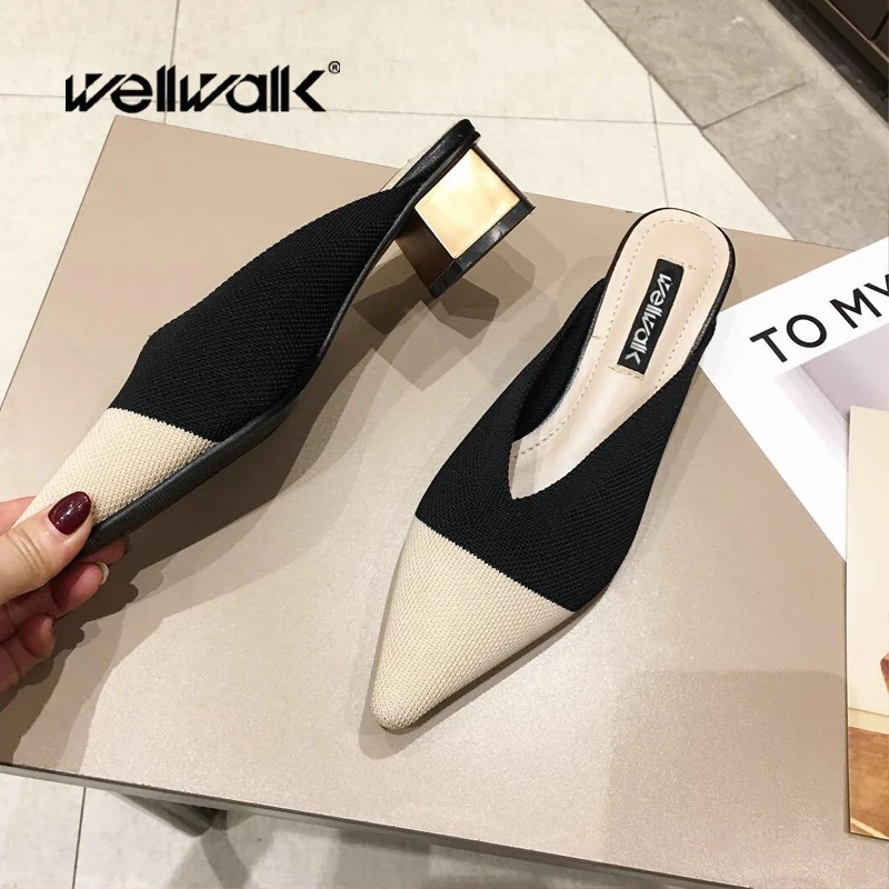 

Wellwalk Pointed Toe Slippers Ladies Heel Shoes Women Mules Flyknit Textile Pumps Open Back Loafers Women Mixed Colors Design