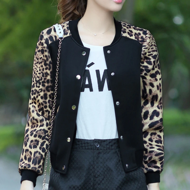 Женская куртка с цветочным принтом, топы для девушек, плюс размер, Повседневная Бейсбольная женская одежда на пуговицах, тонкая куртка-бомбер с длинным рукавом, пальто, куртки - Цвет: Leopard