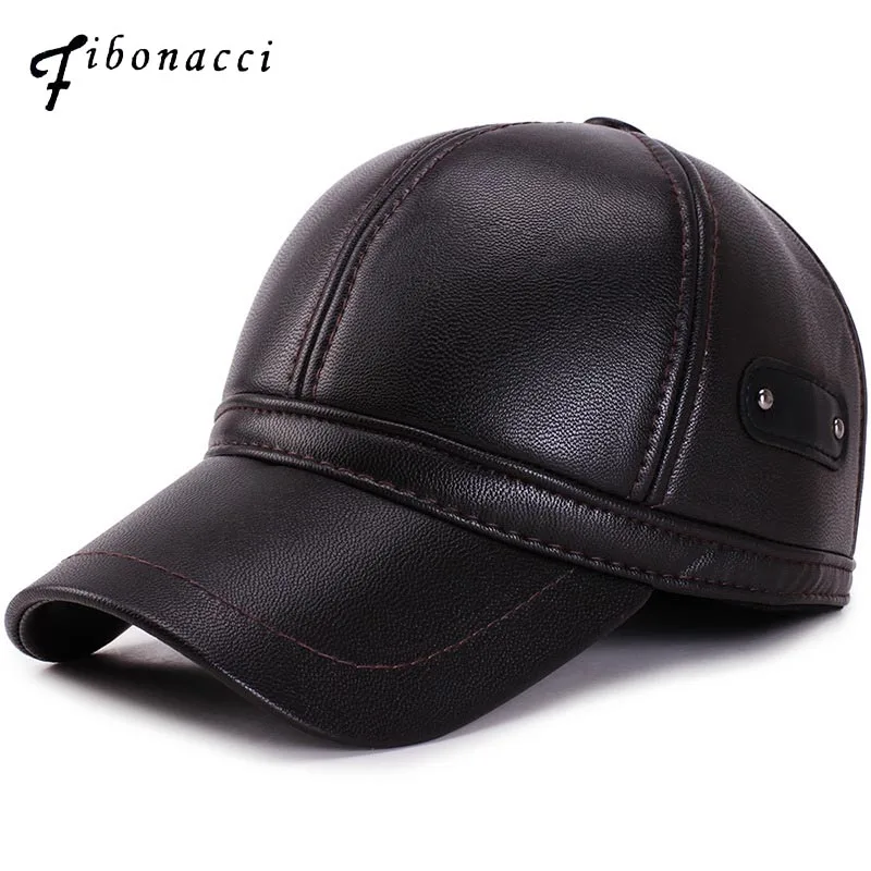 

Fibonacci High quality men's baseball caps leather black dad cap for men classic adjustable ear flap winter hat