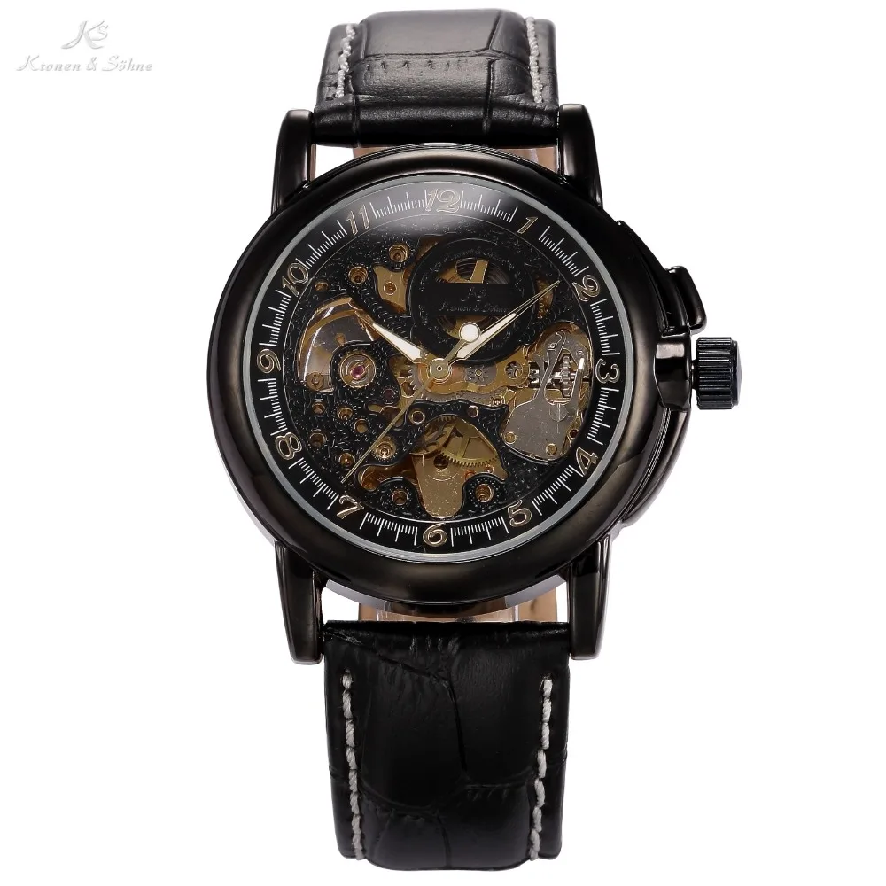 Acheter Classique Vintage KS Réel Bracelet En Cuir Squelette Cadran Noir Robe de Mens Automatique Wrap Montre Bracelet Mécanique Relogio KS036