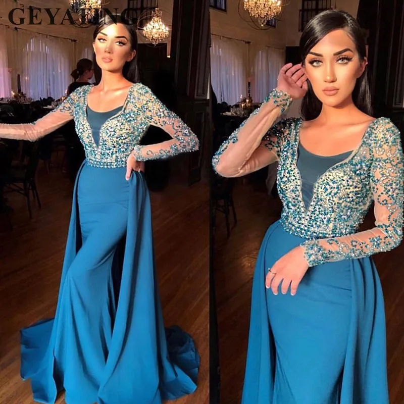 Бирюзовые синие вечерние платья с длинными рукавами в Дубае со съемной юбкой, украшенной кристаллами и бисером, атласное арабское платье для выпускного вечера, вечерние платья