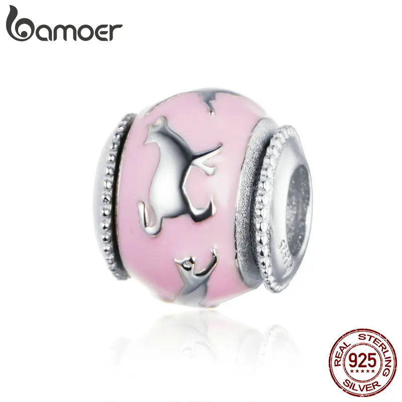 

BAMOER New Arrival 925 Sterling Silver Stackable Cat Shadow Pink Enamel Beads Charms fit Bracelets & Bangles DIY Jewelry BSC050