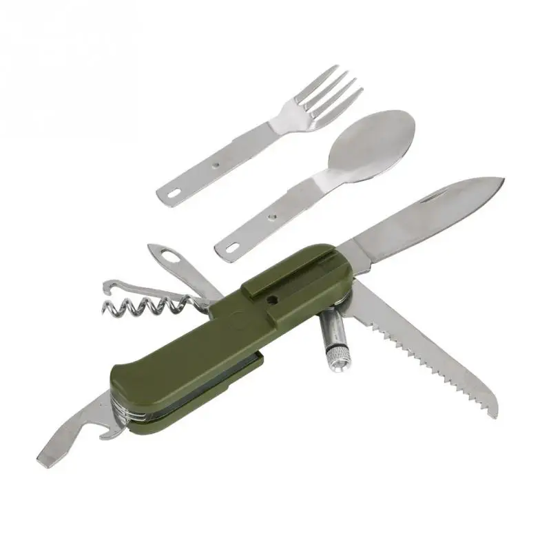 

9 in 1 Outdoor Tableware Folding Pocket Dinner Set Kits Camping Stainless Steel Multi-function Camping Spoon Fork Set for Hiking