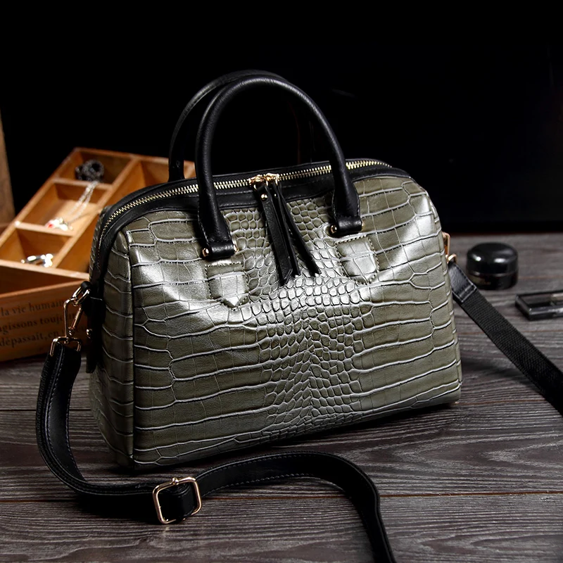 2016 new geniune cowhide crocodile pattern leather Boston font b handbag b font pillow bag portable