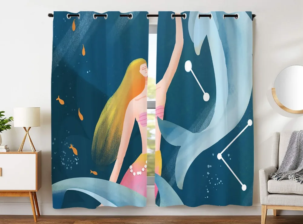 

Blackout Curtains 2 Panels Grommet Curtains for Kids Bedroom Beautiful Mermaid Dolphins Fish Pisces
