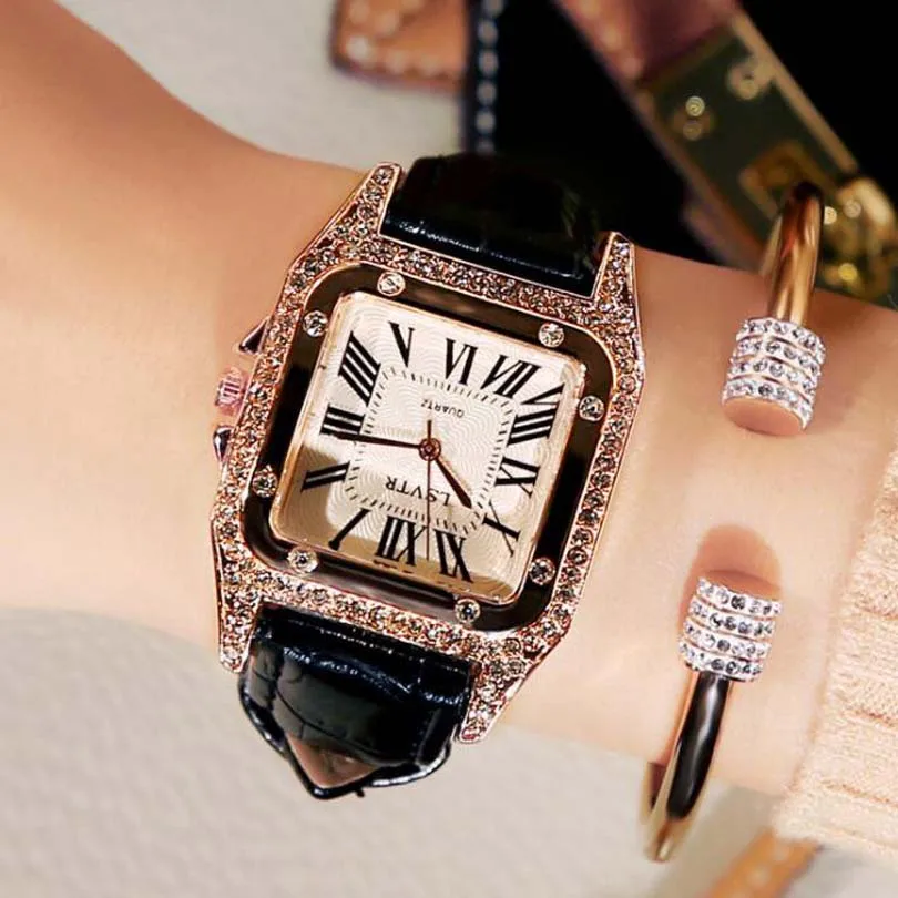 Reloj mujer Ретро Женские часы со стразами модные кварцевые с кожаным ремешком