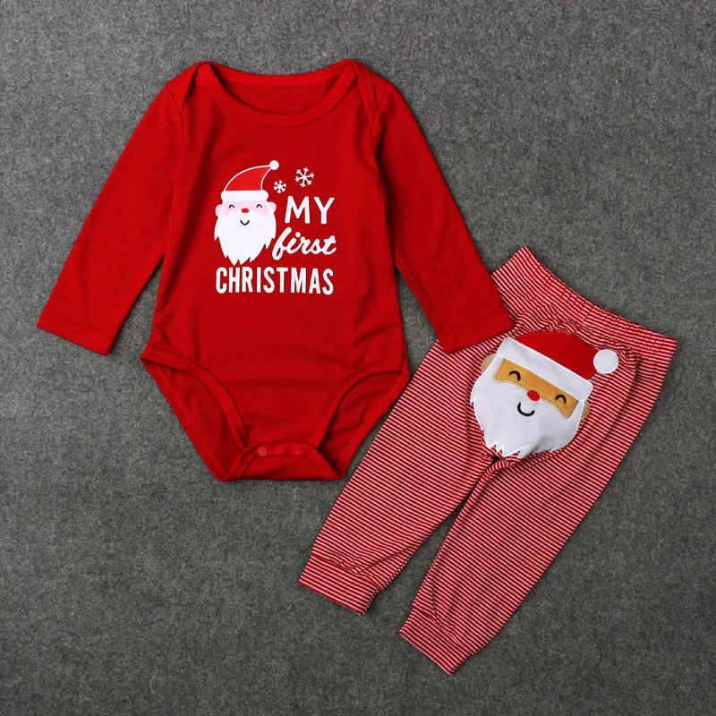 Новинка года; Рождественский красный комбинезон с надписью для новорожденных мальчиков и девочек; зимние длинные штаны в полоску; комплект одежды