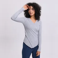 Зимние Свитера Женские V воротники с асимметричным подолом Беговая спортивная йога фитнес топы для дам женские рубашки с длинными рукавами одежда