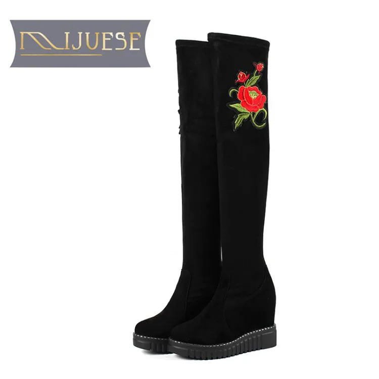 

MLJUESE 2019 women over the knee Kid Suede flowers winter increasing wedges heels platform high boots female women boots size 40