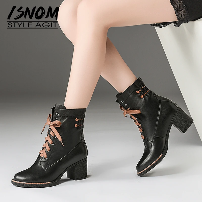ISNOM Motorcycle Women Ankle Boots Round Toe Lace Up Footwear High