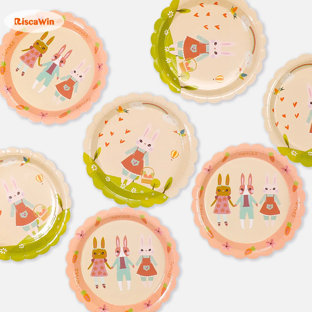 

RiscaWin 10packs Rabbits Party Paper Plates/Cups Kids Birthday Party Favors Wedding Party Disposable Cake Dishes For Baby Shower