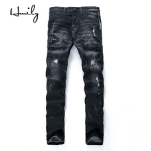 HMILY Famous Brand Fashion Designer Jeans Men Straight Dark Blue Color Printed Mens Jeans Ripped Hole Jeans 100% Cotton Male HMILY Famous Brand Fashion Designer Jeans Men Straight Dark Blue Color Printed Mens Jeans Ripped Hole Jeans 100% Cotton Male