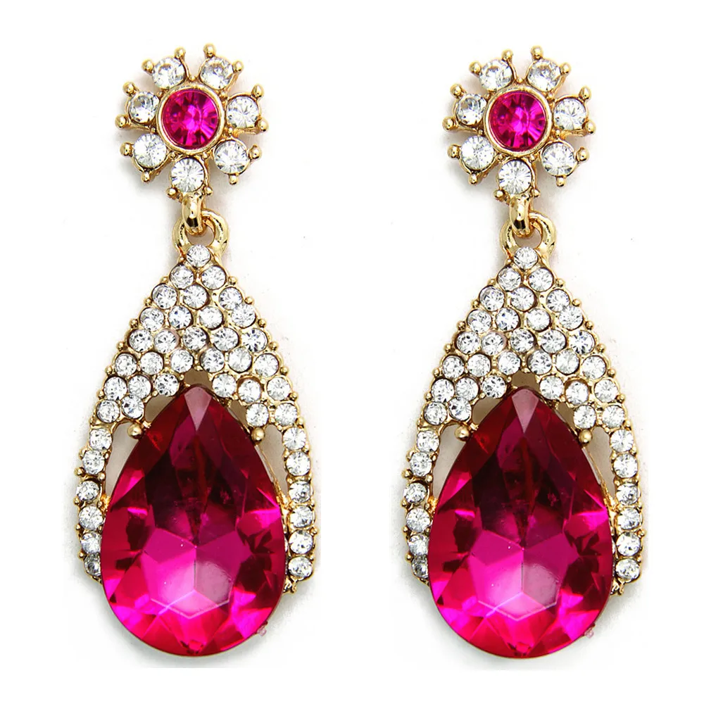 

Vintage Pink/Blue/Orange Crystal Flower Teardrop Drop Earrings for Woman CE203
