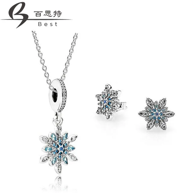 

BEST 100% 925 Sterling Silver 1:1 Genuine Glamorous Crystal Snow Ear Studs Pendant Necklace Jewelry SetSet