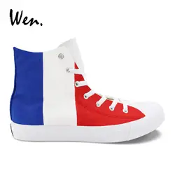 Вэнь цветной рисунок вулканизируют обувь Флаг Франции Дизайн Ручная роспись спортивная обувь сине белые красные полосы холсты для живопи