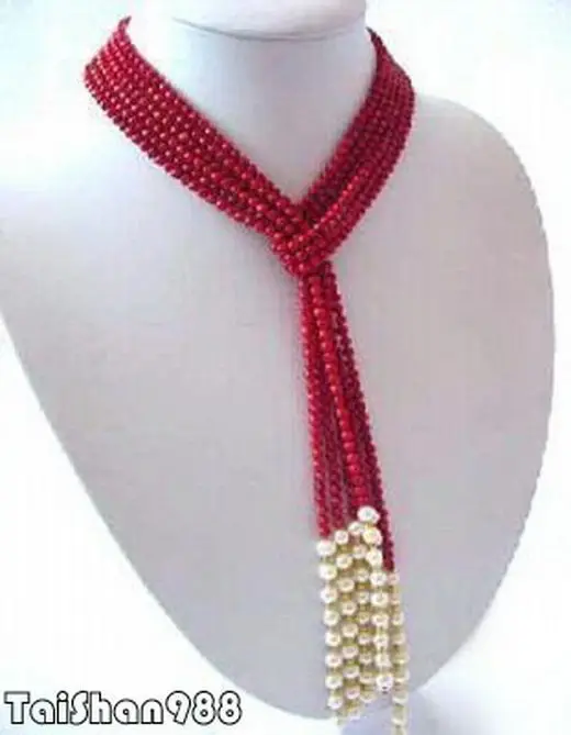 

Hot sale Free Shipping>>>>>Real White Pearl Red Coral Wide Tie Long Necklace
