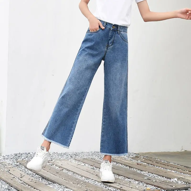 Широкие брюки для женщин свободные джинсы Высокая талия синий деним BF Стиль ботильоны длина мотобрюки плюс размеры 32 Femme Pantalon Лето 2019 г