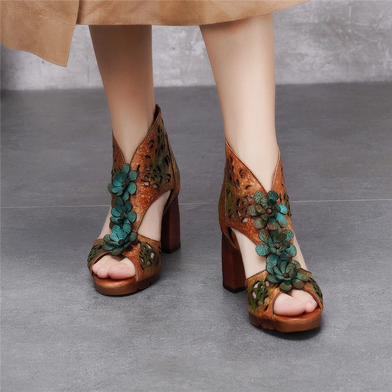 Women Gladiator Sandals Embroidery Leather 7 CM High Heels Chunky Sandals Peep Toe Handmade Genuine Leather Women Sandals Brand