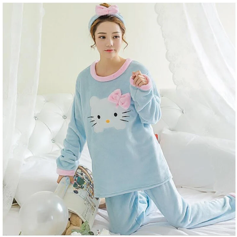 Осень-зима Для женщин пижамы длинный рукав фланель милый рисунок «Hello Kitty» пижамы наборы Повседневное толстые пижамы пуловеры