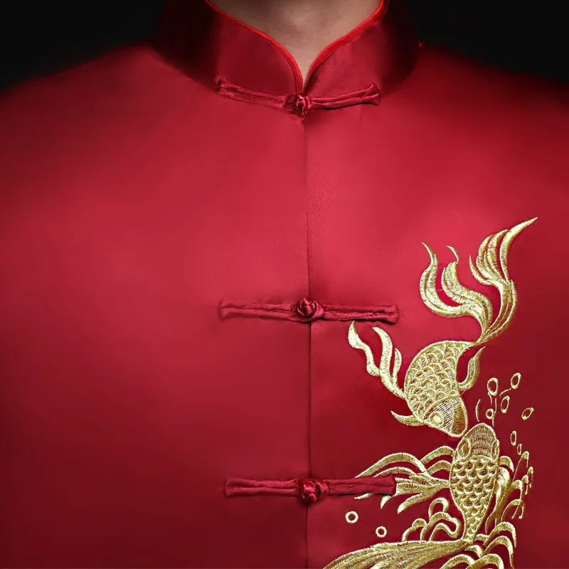 Новое поступление мужской красный cheongsam костюм в китайском стиле жениха платье куртка длинное платье традиционное китайское свадебное Qi pao