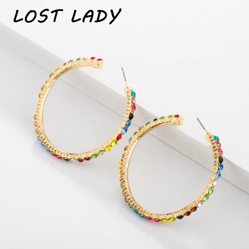

Lost Lady 2019 New Top Popular Earrings Rhinestone Circle Earrings Simple Earrings Big Circle Gold Color Drop Earrings For Women