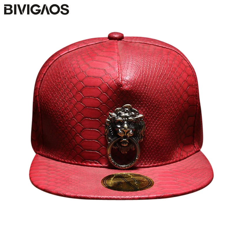 Новая металлическая скульптура голова льва Snapback шляпы змеиная кожа хип хоп кепка