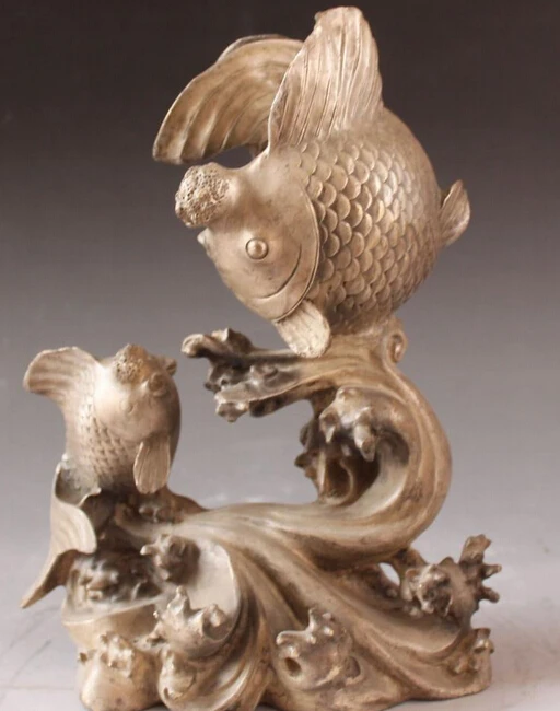 

Chinese Fengshui Bronze Silver Folk Animal Two Fish Barracuda Statue Sculpture S0708 B0403