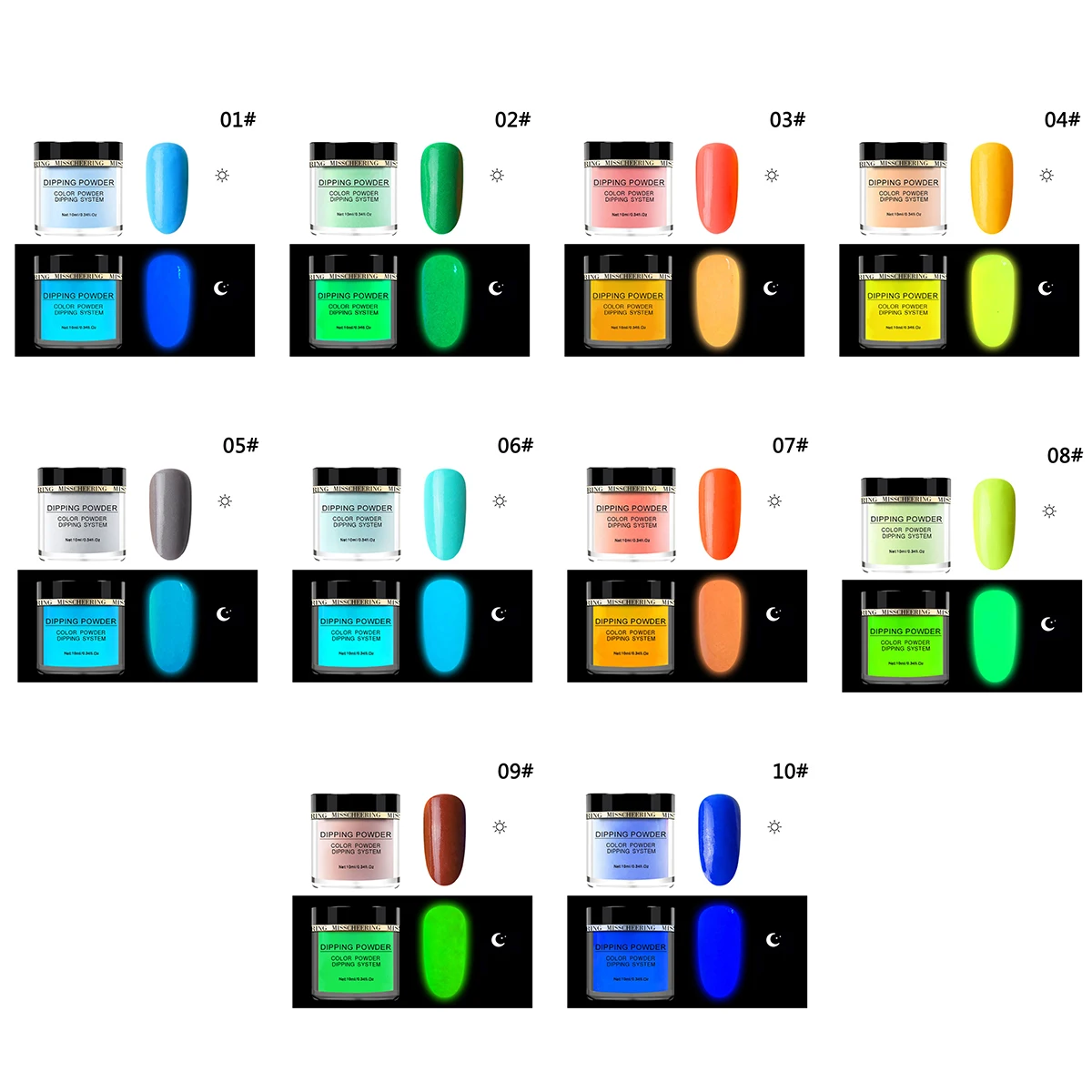 10 цветов, светящийся порошок для ногтей, безопасный без излучения, блестящий порошок для ногтей, аксессуары для дизайна ногтей, красочное украшение для ногтей
