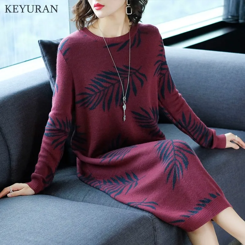 

Women Leaves Print Loose Knitted Dress Autumn Winter Long Sleeve Wine Red Sweater Dresses Vestidos Verano 2019 Plus Size Clothes