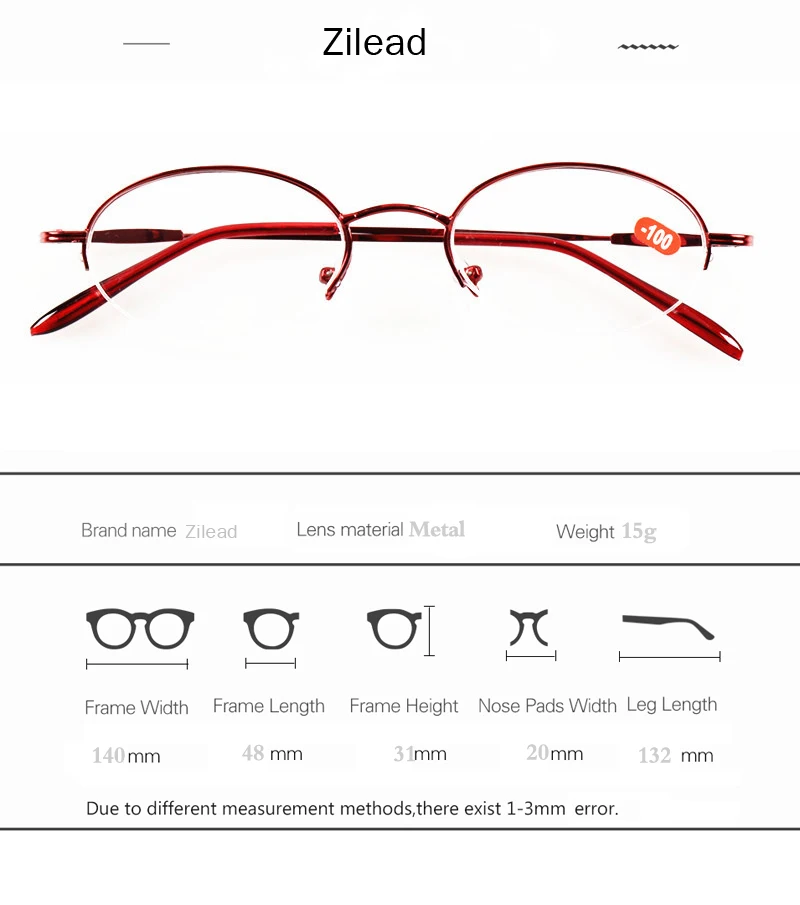 Zilead, ультралегкие очки с полуоправой для близорукости, для женщин, Дамская металлическая маленькая оправа, близорукие очки