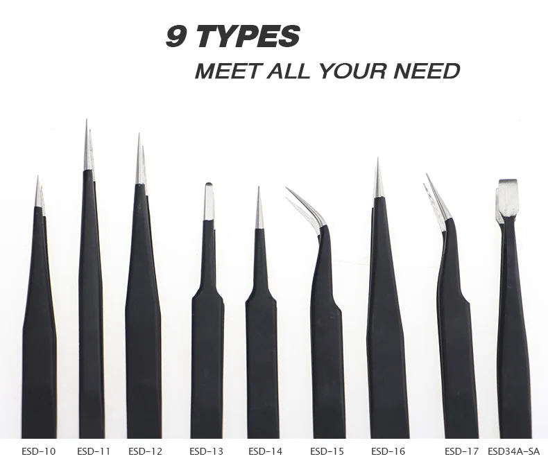 10 в 1 ESD10-17 пинцеты прямые, изогнутые устойчивы к коррозии антистатические пинцеты для точного электрического обслуживания